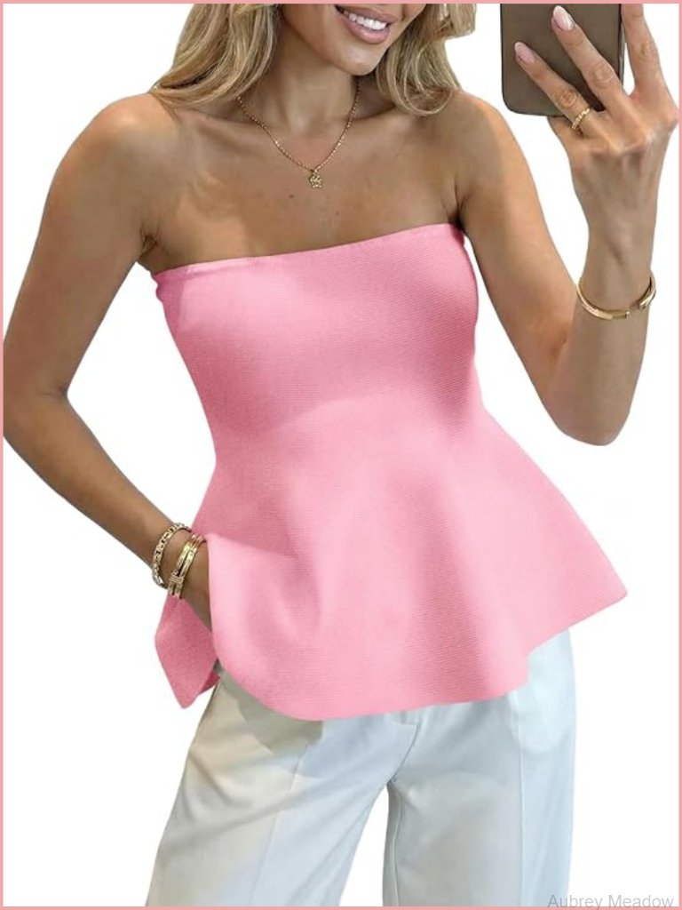 Strapless Peplum Tube Top Sleeveless Knit Sweater Vest Ruffle Hem Tank